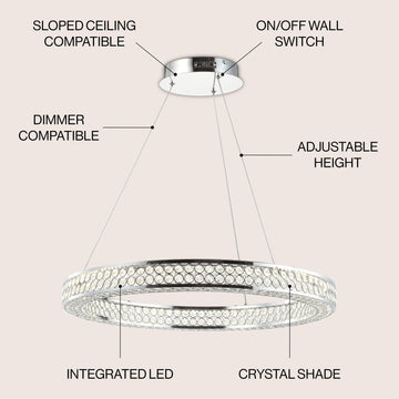 Benton 24.7" Round Integrated LED Crystal/Metal Pendant - JONATHAN Y